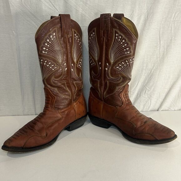 Old Corral Cowboy Boots Mens US 9.5 Mexico 26.5 Brown Ostrich Leather Western - Picture 3 of 9